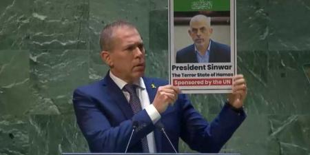 مندوب إسرائيل يرفع صورة ”يحيى السنوار” في الأمم المتحدة: هذا الرئيس القادم لدولة فلسطين ”فيديو” - نايل 360
